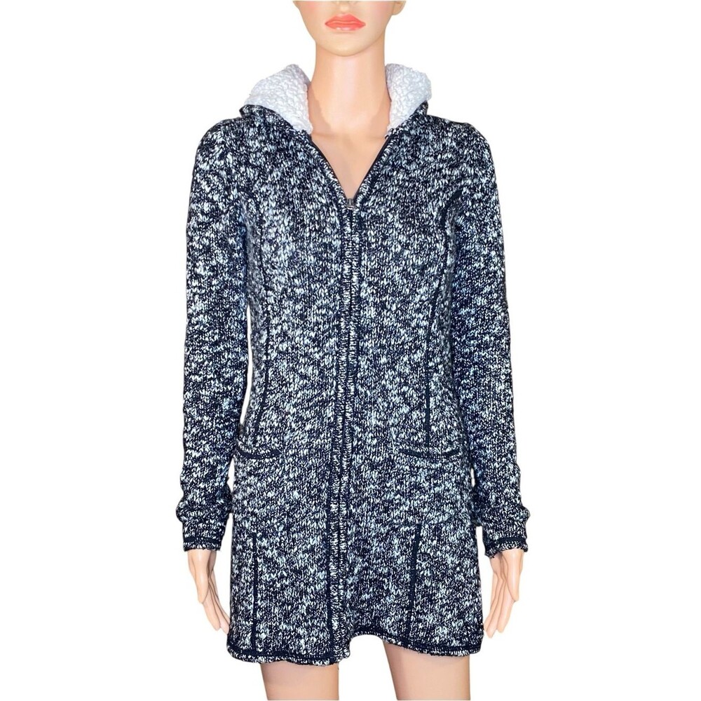 Long Soybu Hooded Zip Up Sweater Knit Jacket Pockets Sherpa Lined Hood SZ XS